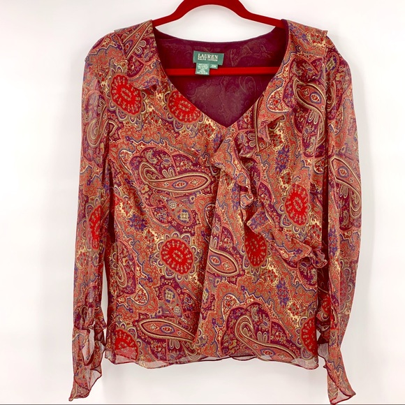 Lauren Ralph Lauren Tops - Lauren Ralph Lauren Silk Ruffle V Neck Top Sz 20W